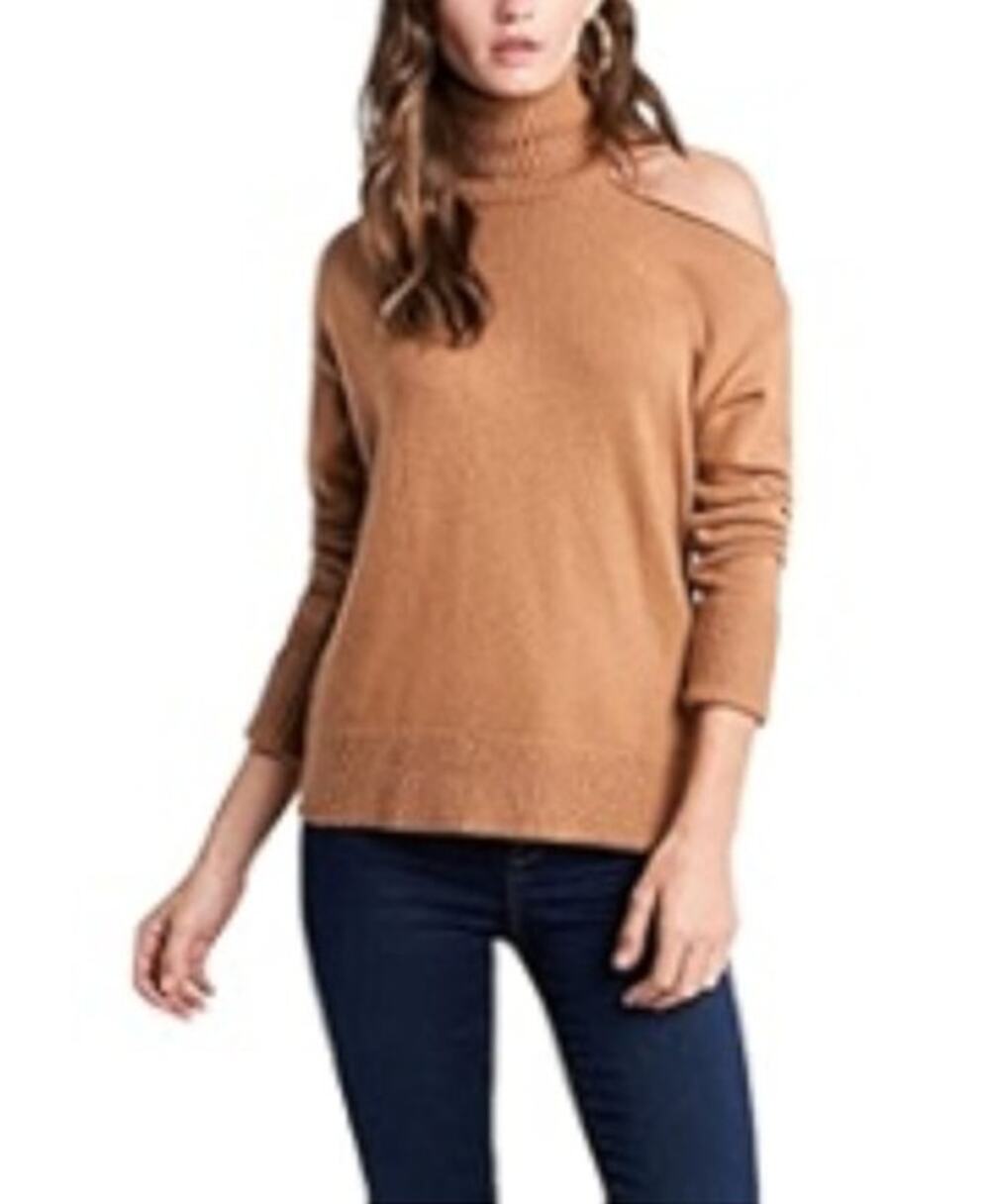 1. State sweater women's large turtleneck rib knit cuffed open shoulder camel